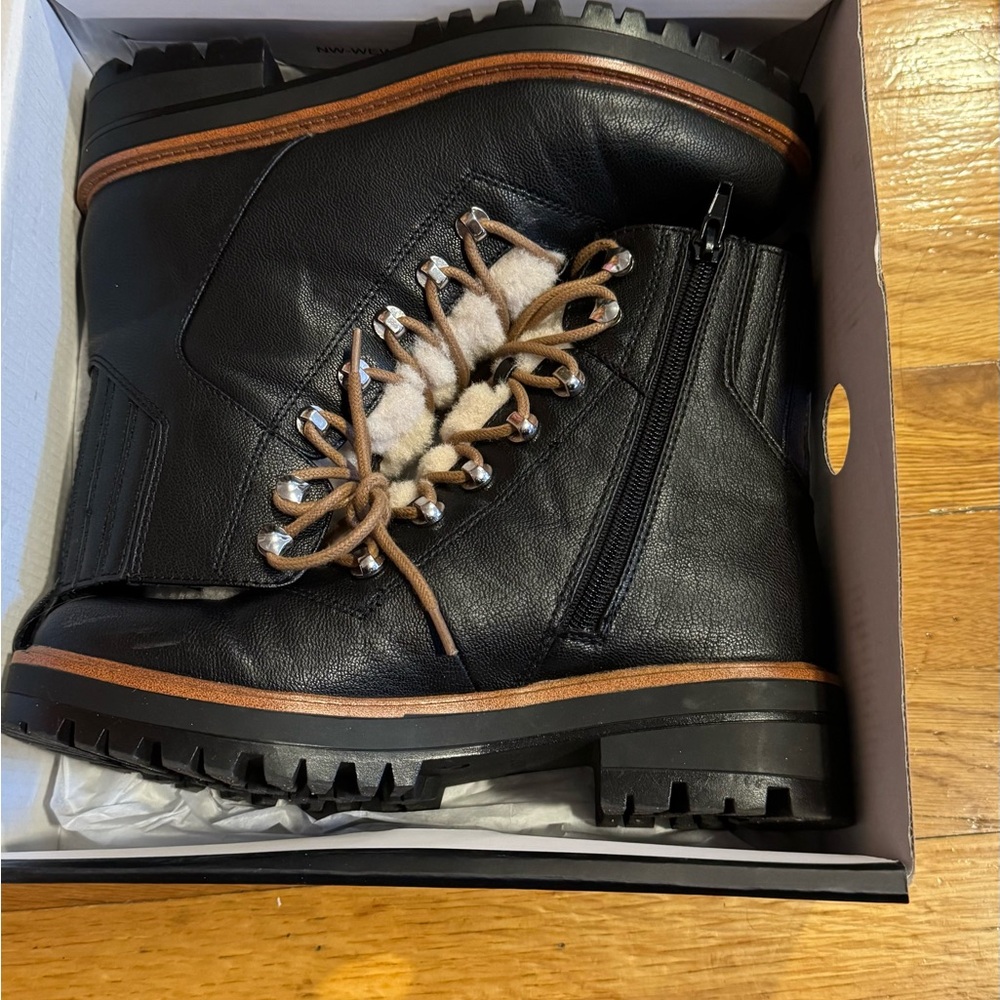 Black Leather Winter Boots with Brown Accents